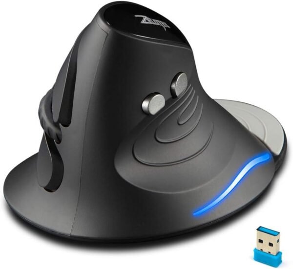 zelotes Mouse vertical sem fio, design ergonômico 2021, mouse óptico USB LED com 6 botões e 3 sensibilidades ajustáveis 1000/1600/2400 DPI para computador, preto