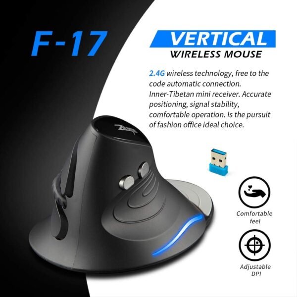 zelotes Mouse vertical sem fio, design ergonômico 2021, mouse óptico USB LED com 6 botões e 3 sensibilidades ajustáveis 1000/1600/2400 DPI para computador, preto - Imagem 2