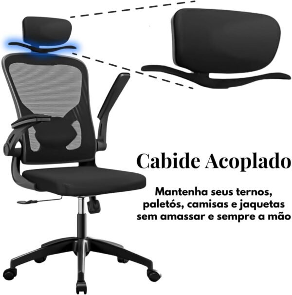 Cadeira de Escritório Ergonômica Giratória Presidente Com Cabide Estofado Mesh Encosto Anti Transpirante Com Braços Reguláveis e Design Moderno - Imagem 4