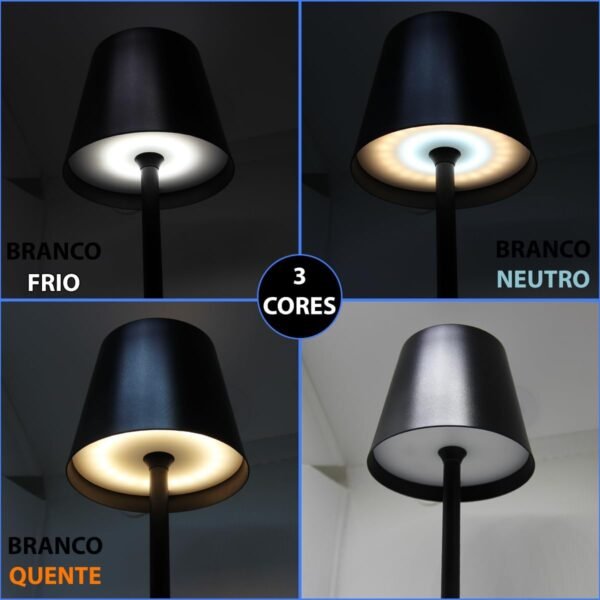 Luminária Abajur Mesa Led Touch Dimerizável S/Fio Portátil Recarregável Lâmpada 3 Toque Branco Quente Neutro Frio (Preto) - Imagem 3