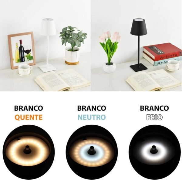 Luminária Abajur Mesa Led Touch Dimerizável S/Fio Portátil Recarregável Lâmpada 3 Toque Branco Quente Neutro Frio (Preto) - Imagem 4