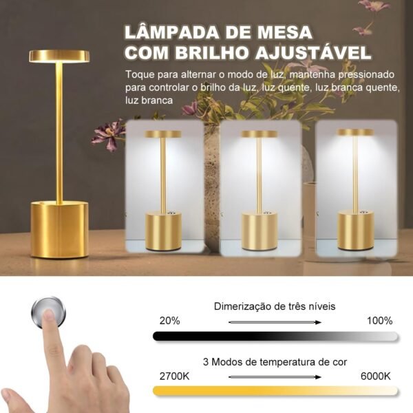 Yedelna Luminária de Mesa, Abajur Sem Fio, Luminária Recarregável, Abajur Quarto, Luminária de Mesa Luminaria Sem Fio, Dourado, Alumínio e PMMA - Imagem 3
