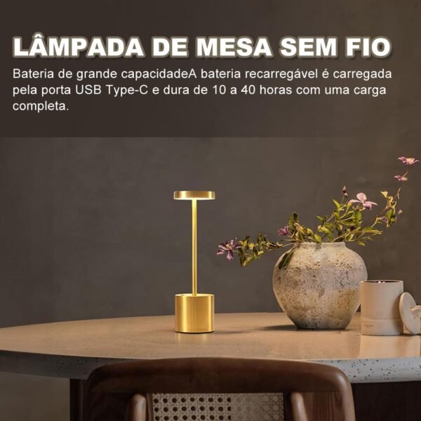 Yedelna Luminária de Mesa, Abajur Sem Fio, Luminária Recarregável, Abajur Quarto, Luminária de Mesa Luminaria Sem Fio, Dourado, Alumínio e PMMA - Imagem 4