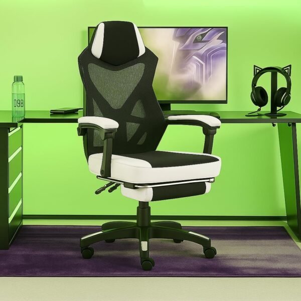 Cadeira Gamer Ergonômica, Estilo Racing, Tecido Respirável, Apoio Lombar, Braços e Altura Ajustáveis, Design Preto e Branco, Ideal para Jogos e Escritório - suporta 120 Kg - Imagem 4