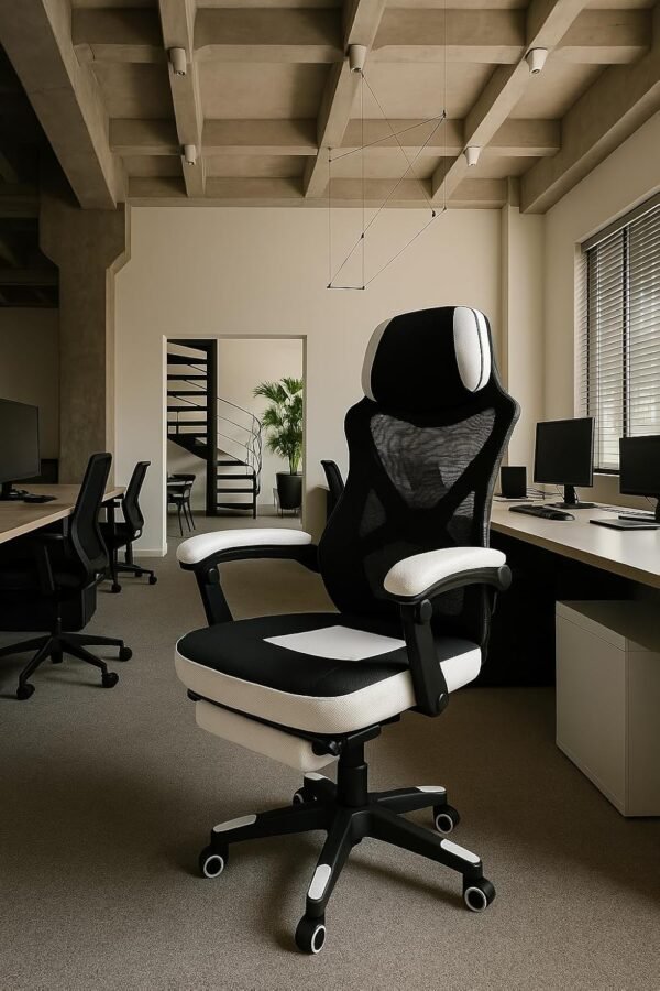 Cadeira Gamer Ergonômica, Estilo Racing, Tecido Respirável, Apoio Lombar, Braços e Altura Ajustáveis, Design Preto e Branco, Ideal para Jogos e Escritório - suporta 120 Kg - Imagem 4