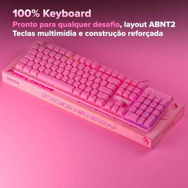 Teclado Gamer Rosa RGB LED Profissional ABNT2 Semi-Mecânico Ergonômico Fofinho Feminino Presente Precision Ozzix - Imagem 5