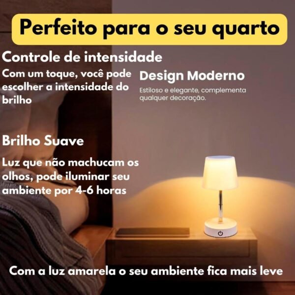 Abajur de Mesa LED Moderno, Luminária Retrátil Para Quarto, Luz Amarela Quente Para Sono e Ambientes, Touch Brilho Ajustavél - Imagem 3