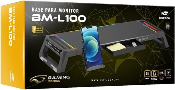 C3Tech Base para Monitor Gaming BM-L100BK, preto, com luzes RGB, Possui Hub USB embutido com saídas 1 x USB 3.0 e 3 x USB 2.0, Apoie Monitor, Notebook, Impressora, TV, Console - Imagem 4