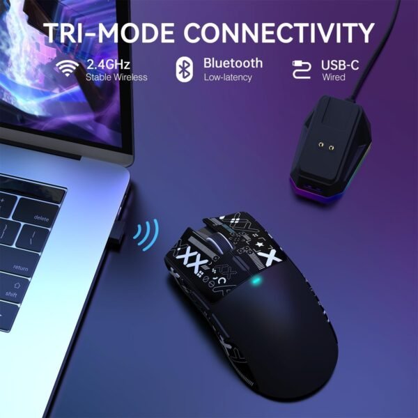 X11 Mouse sem fio leve, 62g, RGB, conexão tri-modo (2.4G/USB-C/BT), 22K DPI, sensor PAW3311, 5 botões programáveis, base de carregamento RGB, compatível com PC/Mac-Preto+Tape - Imagem 3