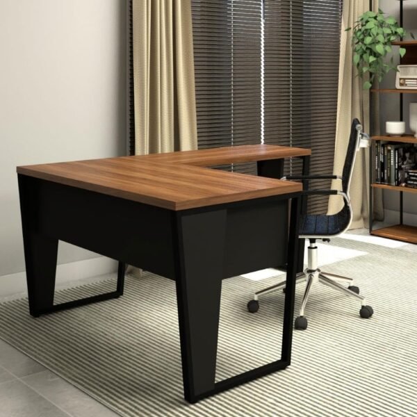 Mesa de Escritório Industrial em L com Gaveteiro Pés Metal Cor:nogal com Preto - Imagem 3