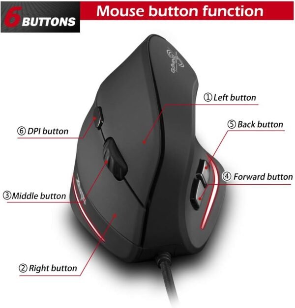 zelotes Mouse Vertical,3200DPI, 6 Botões Mouse Com Fio,Mouse Ergonômico Vertical Óptico USB para Laptop, Computador, PC, Mac,Preto - Imagem 3