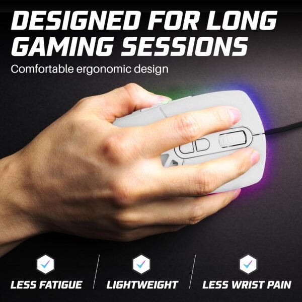 Neptune Mouse para jogos Blade ergonômico e leve de LED | Mouse com fio USB com fio com efeitos de luz de fundo (branco) - Imagem 5