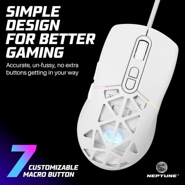 Neptune Mouse para jogos Blade ergonômico e leve de LED | Mouse com fio USB com fio com efeitos de luz de fundo (branco) - Imagem 7