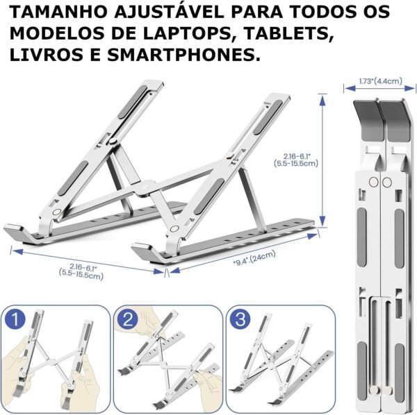 Suporte Base Apoio de Mesa Standing Desk em Alumínio Cromado para Notebook, Tablet, Smartphone e Livro. Resistente, Leve, Estável, Ergonômico, Dobrável e Angulável para Laptops de até 17" - Imagem 3