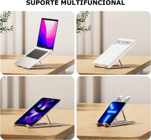 Suporte Base Apoio de Mesa Standing Desk em Alumínio Cromado para Notebook, Tablet, Smartphone e Livro. Resistente, Leve, Estável, Ergonômico, Dobrável e Angulável para Laptops de até 17" - Imagem 4