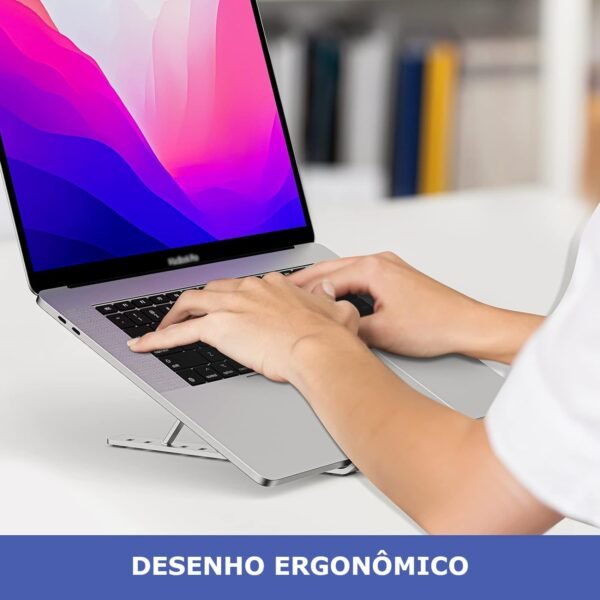 Suporte Base Apoio de Mesa Standing Desk em Alumínio Cromado para Notebook, Tablet, Smartphone e Livro. Resistente, Leve, Estável, Ergonômico, Dobrável e Angulável para Laptops de até 17" - Imagem 6