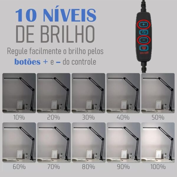 Luminária Premium LED Articulada De Mesa, 80 LEDs, 3 Modos De Luz, 10 Níveis De Brilho, Base Para Mesa E Com Pinça, USB (Preta) - Imagem 3
