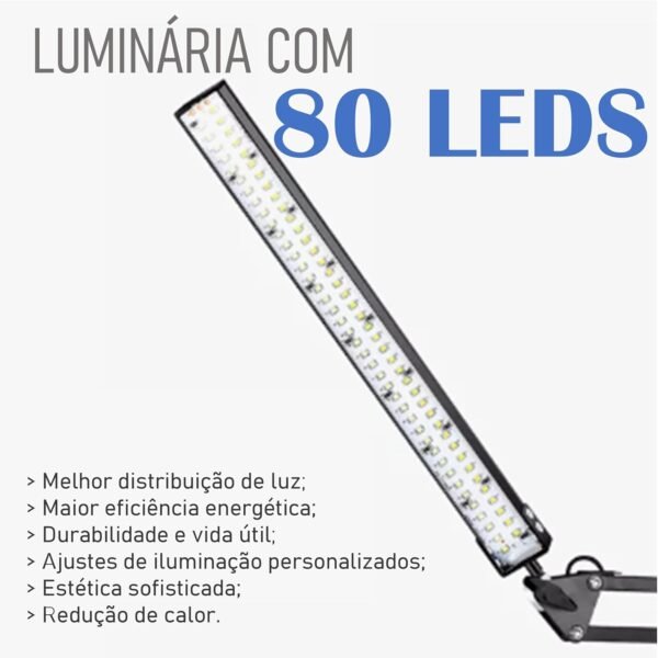 Luminária Premium LED Articulada De Mesa, 80 LEDs, 3 Modos De Luz, 10 Níveis De Brilho, Base Para Mesa E Com Pinça, USB (Preta) - Imagem 4
