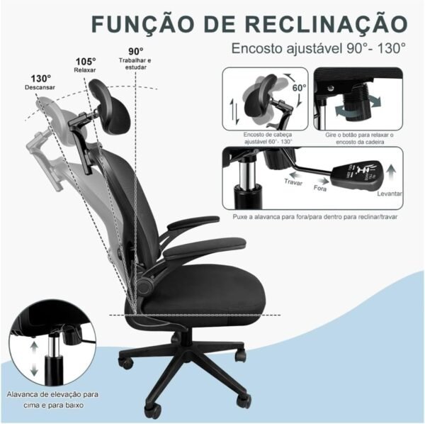 Cadeira de Escritório Ergonômica Mesh – Reclinável, Giratória, com Apoio de Cabeça e Lombar, Cabide Embutido, Regulagem de Altura, Base Reforçada – Ideal para Home Office - Imagem 4