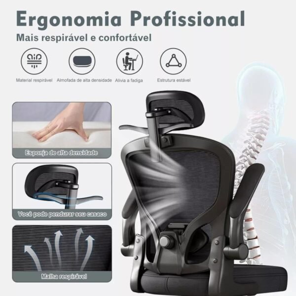 Cadeira de Escritório Ergonômica Mesh – Reclinável, Giratória, com Apoio de Cabeça e Lombar, Cabide Embutido, Regulagem de Altura, Base Reforçada – Ideal para Home Office - Imagem 5