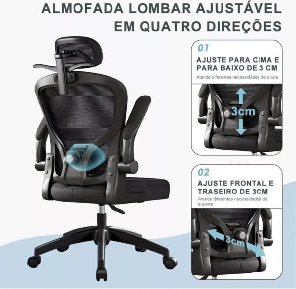 Cadeira de Escritório Ergonômica Mesh – Reclinável, Giratória, com Apoio de Cabeça e Lombar, Cabide Embutido, Regulagem de Altura, Base Reforçada – Ideal para Home Office - Imagem 6