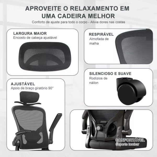 Cadeira de Escritório Ergonômica Mesh – Reclinável, Giratória, com Apoio de Cabeça e Lombar, Cabide Embutido, Regulagem de Altura, Base Reforçada – Ideal para Home Office - Imagem 8