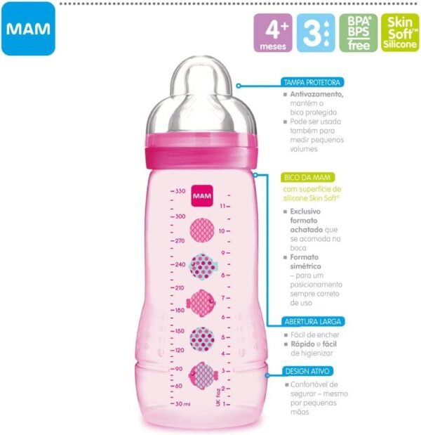 MAM Baby 1 Mamadeira Easy Active 330ml Com Formato Ergonômico e Fácil de Segurar para Crianças 4+ Meses com Bico de Silicone Skinsoft, Azul - Imagem 3