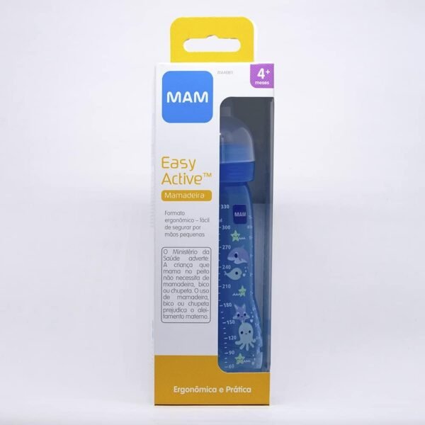 MAM Baby 1 Mamadeira Easy Active 330ml Com Formato Ergonômico e Fácil de Segurar para Crianças 4+ Meses com Bico de Silicone Skinsoft, Azul - Imagem 4