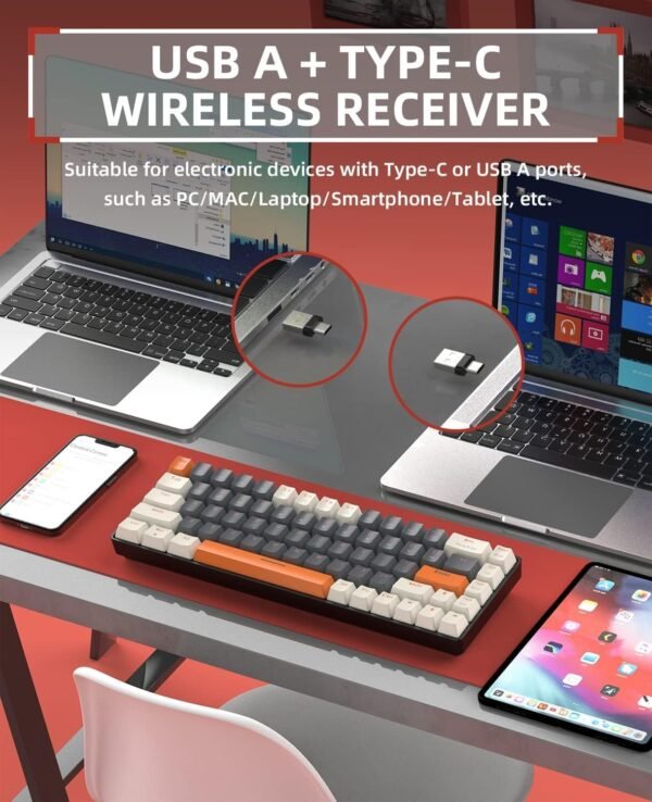 YINDIAO Teclado Mecânico para Jogos K68 60% Sem Fio, Bluetooth 5.0/2.4 GHz, Receptor USB-C 2 em 1, Troca a Quente, Layout Compacto EUA de 68 Teclas, Economia de Energia, Interruptor Azul - Imagem 4