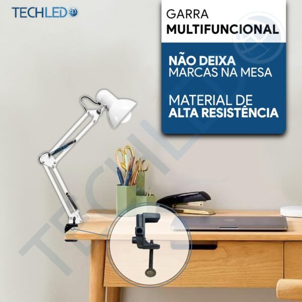 Luminaria Mesa Articulada Escritorio regulavel Leitura Base metal Articulavel Branca - Imagem 2