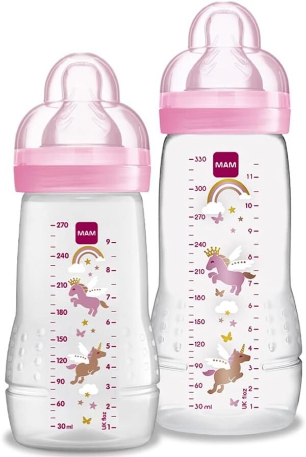MAM Baby Kit 2 Mamadeiras Easy Active Set, 270ml e 330ml Com Formato Ergonômico e Fácil de Segurar para Crianças 2+ Meses com Bico de Silicone Skinsoft, Rosa