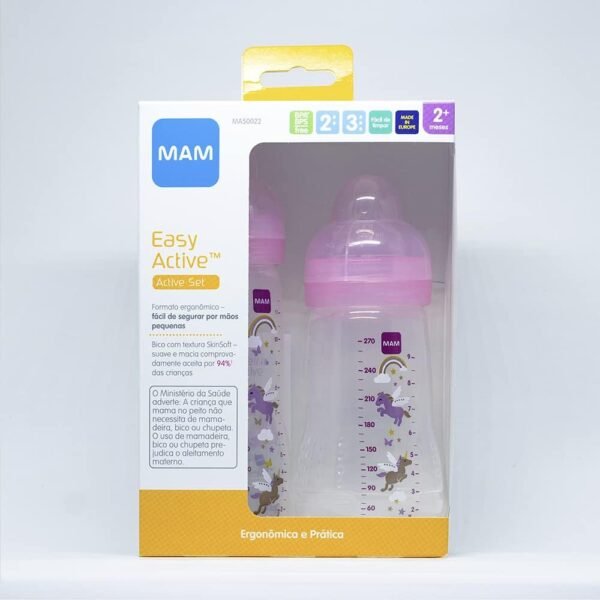 MAM Baby Kit 2 Mamadeiras Easy Active Set, 270ml e 330ml Com Formato Ergonômico e Fácil de Segurar para Crianças 2+ Meses com Bico de Silicone Skinsoft, Rosa - Imagem 3