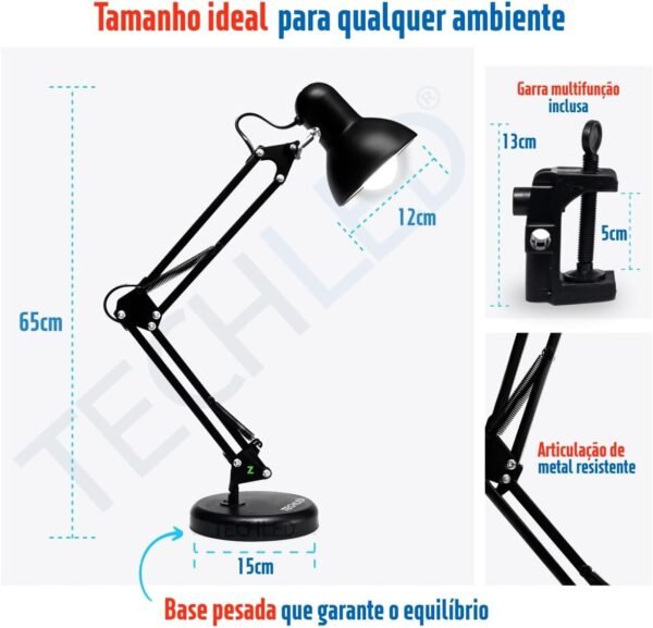 Luminária Articulada De Mesa Com Base Abajur Estudo Trabalho Tipo Pixar (Preta) - Imagem 6