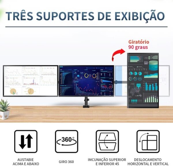 FINYQBET Suporte para Monitor Triplo - Compatível com Monitores de 13-27 Polegadas, Ajuste de Altura e Rotação 360°, Ideal para Escritório e Gamers, Economiza Espaço na Mesa - Imagem 3