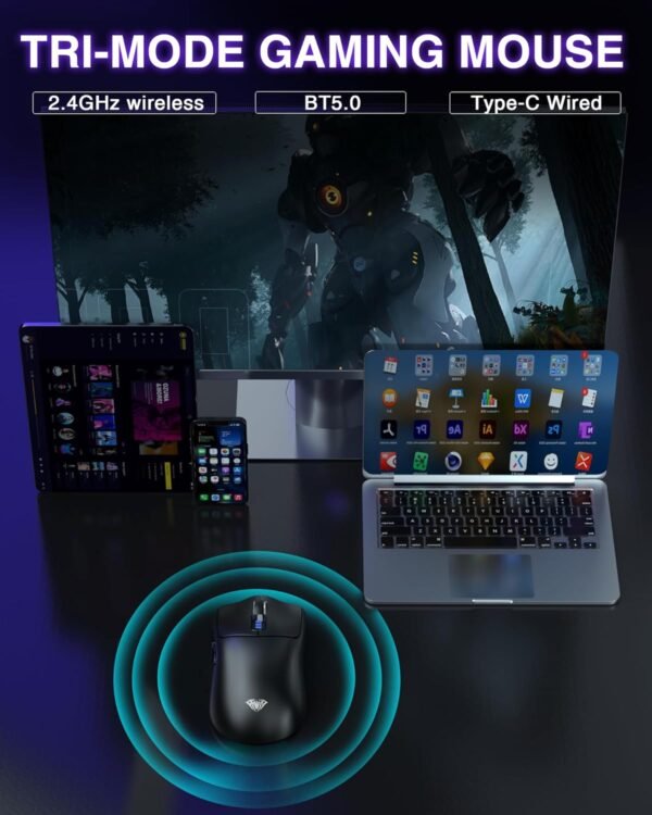 AULA Mouse para jogos sem fio SC580, mouse para jogos Tri-Mode 2.4G/BT5.0/USB-C, mouse sem fio recarregável de 12000 DPI com 6 botões programáveis, mouse de computador ergonômico para - Imagem 3