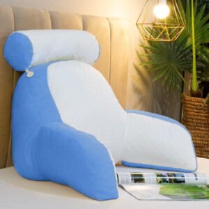 Almofada de Descanso Apoio de Costas Travesseiro Ergonômico para Leitura, com apoio de Pescoço Removível Pelucia 55cm Altura Com Encosto, 60cm Largura(Azul)