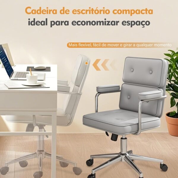 Cadeira de Escritório Compacta Python Fly – Couro Sintético Premium & Base Metálica, Design Moderno (Cinza) - Imagem 3
