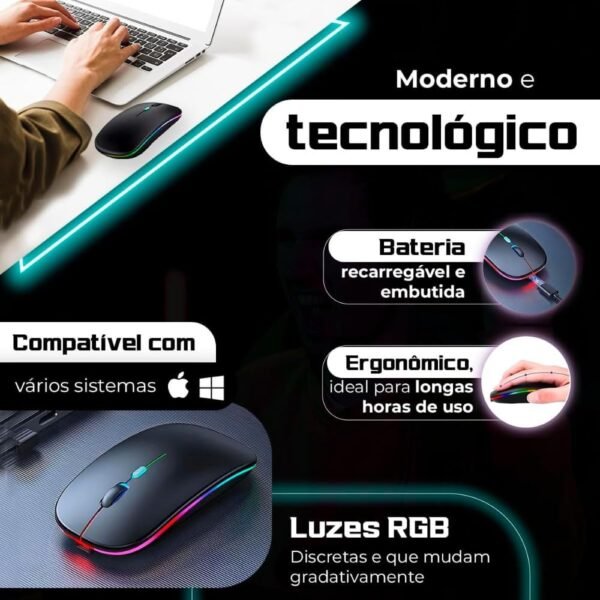 Mouse Sem Fio Recarregável Wireless Bluetooth Optico Led Rgb Colorido Ergonômico Usb 2.4 Ghz Notebook Computador Pc Desktop – Premium - Imagem 3