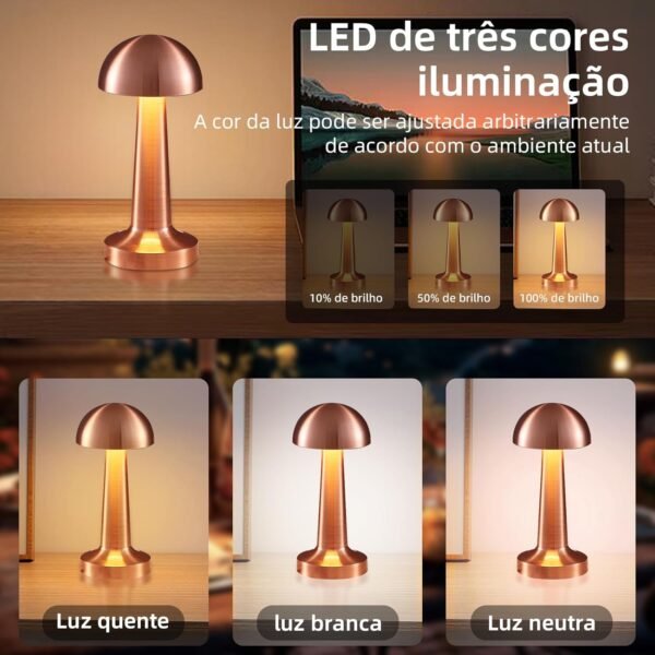 BEMMY Luminária de Mesa,Luminária Abajur Mesa Led Dimerizável Sem Fio Recarregável, Toque Candeeiro de Mesa Luz Noturna，Candeeiro de mesa recarregável USB 1800mAh - Imagem 3