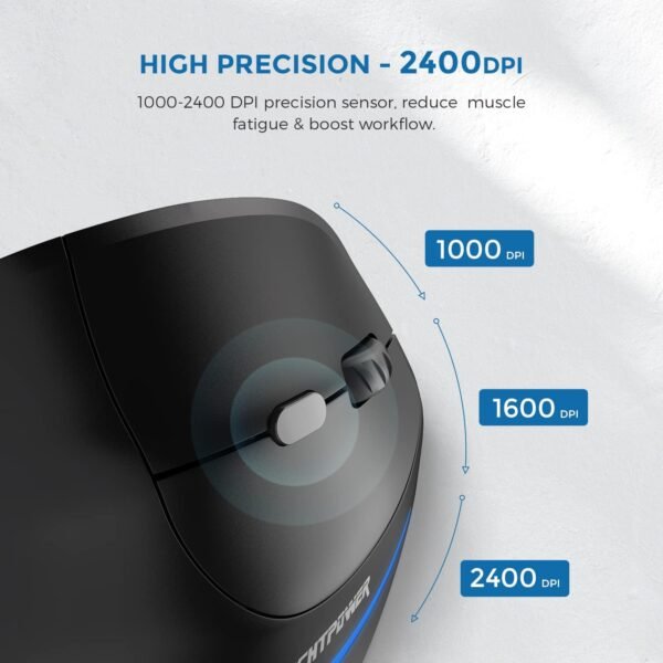 ECHTPower Mouse Ergonômico Sem Fio, Vertical com DPI Ajustável 2400/1600/1000, Recarregável com Luz LED, para Laptop/PC/Windows/macOS - Imagem 4