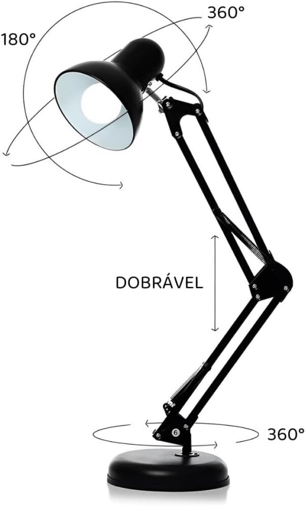 Luminária de Mesa Articulável Bivolt Com Dois Tipos de Base Multifuncional Abajur de Mesa Regulável Com Interruptor - Imagem 3