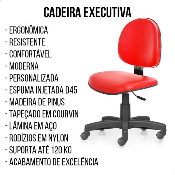 Kit 2 Cadeiras de Escritório Home Office Estofada Ergonômica Executiva Sem Braço Courvin Vermelho Estrela Arcada Rodízio Nylon Escritex - Imagem 6
