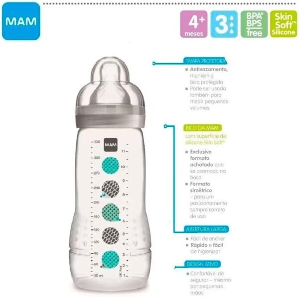 MAM Baby 1 Mamadeira Easy Active 330ml Com Formato Ergonômico e Fácil de Segurar para Crianças 4+ Meses com Bico de Silicone Skinsoft, Neutra - Imagem 3