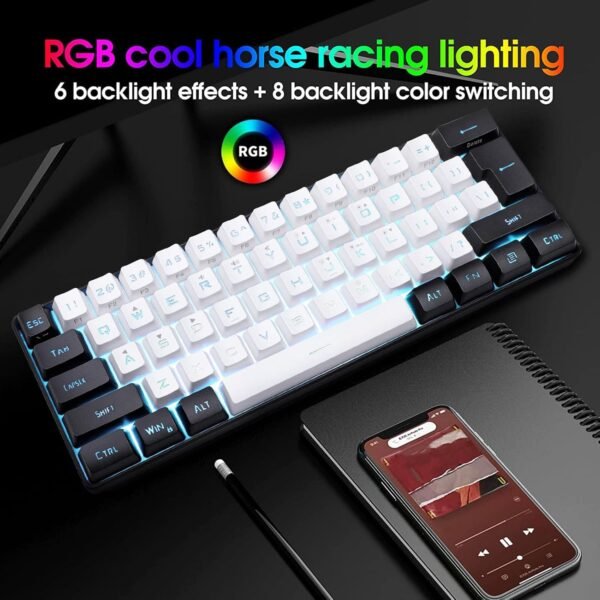GOWENIC Teclado para jogos 60%, teclado mecânico compacto com fio 61 teclas, teclado RGB retroiluminação LED teclado ergonômico para jogos com fio para escritório e negócios (branco) - Imagem 3