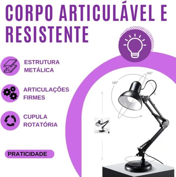 Genérico Luminária de Mesa Articulável Abajur com Garra e Base Leitura Estudo Quarto Articulada Preta Bivolt 110V 220V com Interruptor - Imagem 3