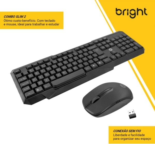 Bright, 55, Combo Teclado e Mouse Sem Fio Slim 2, Teclado com Apoio Ergonômico, Padrão ABNT2, 107 teclas, Mouse Ambidestro, 3 Botões, PRETO - Imagem 3