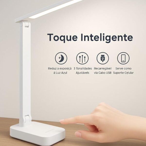 Luminária de Mesa LED Touch Recarregável Dobrável Com 3 Níveis De Iluminação - Portátil E Antireflexo - Ideal Para Estudo Leitura E Trabalho - Imagem 3