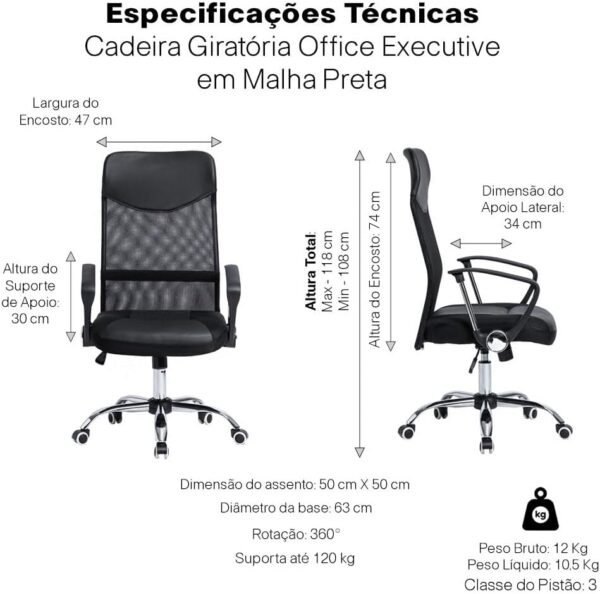 Cadeira De Escritório Giratória Executive com Encosto de Malha Mesh Respirável, Preta, Altura Ajustável - Imagem 3