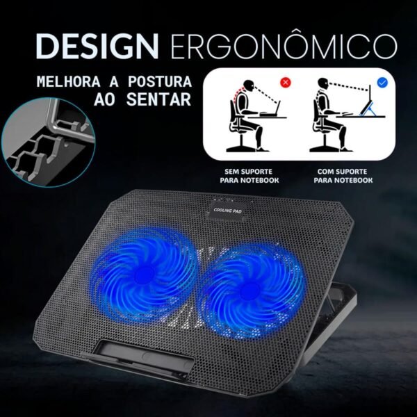 Suporte para Notebook com Base Refrigerada – 2 Coolers Silenciosos, LED Azul, Altura Ajustável, USB Extra, Compatível com Laptops de 12" a 17" - Imagem 3