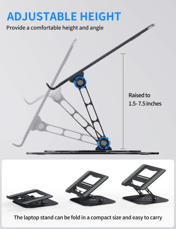 AOEVI Suporte ajustável para laptop com base giratória 360, suporte de computador para laptop, ergonômico, dobrável, para mesa, compatível com MacBook Pro/Air Notebook de até 40 cm, preto - Imagem 3